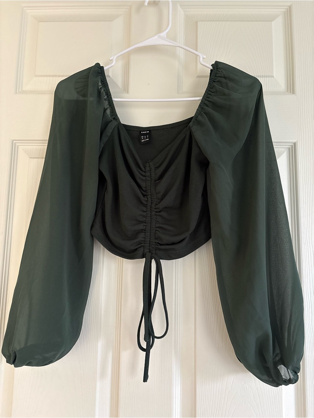SHEIN Dark Green Ruched Drawstring Puff Sleeve Crop Top